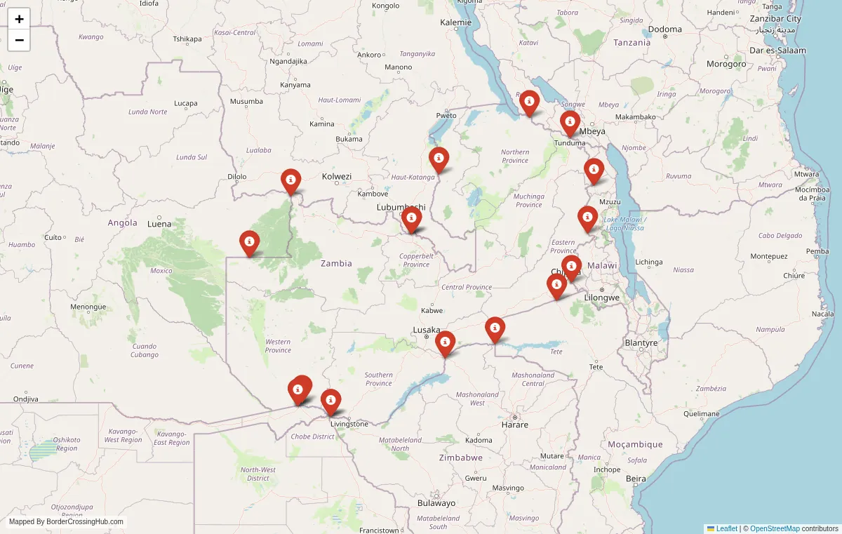Visual guide to Zambia terrestrial border crossings and frontier checkpoints