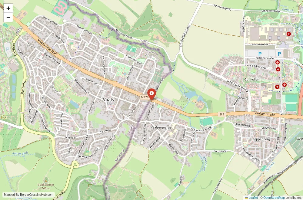 Close-up map showing a border crossing point with marker at the selected land port of entry between Germany and Netherlands
