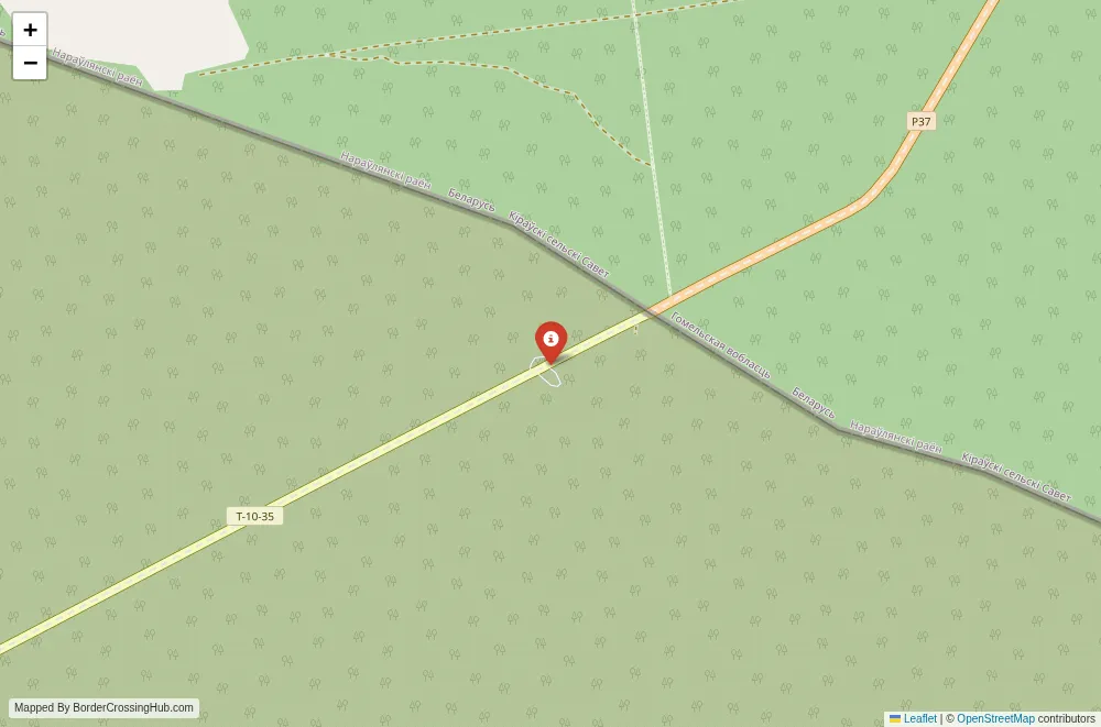 Close-up map showing a border crossing point with marker at the selected land port of entry between Belarus and Ukraine