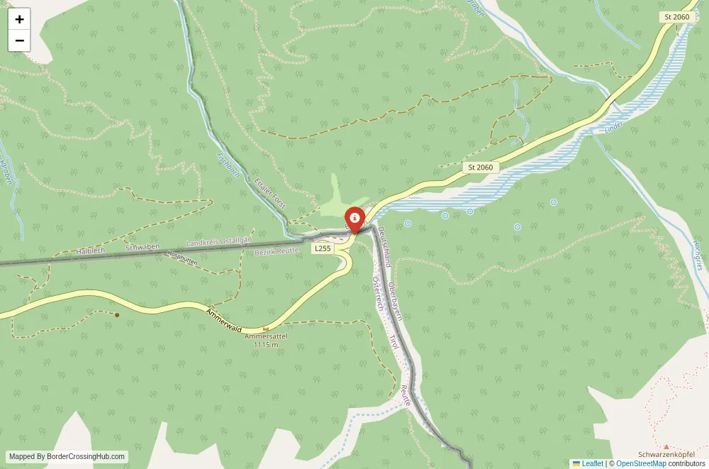 Close-up map showing a border crossing point with marker at the selected land port of entry between Austria and Germany
