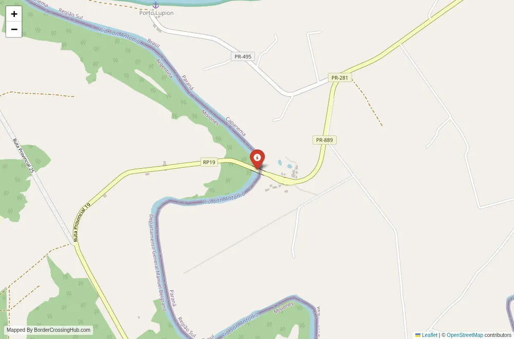 Close-up map showing a border crossing point with marker at the selected land port of entry between Argentina and Brazil