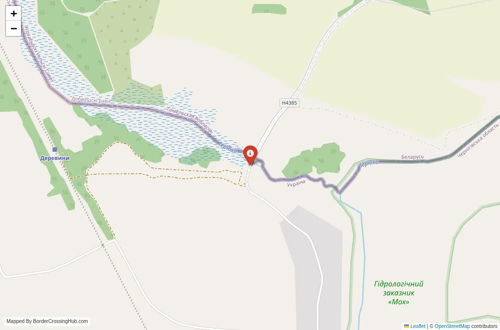 Close-up map showing a border crossing point with marker at the selected land port of entry between Belarus and Ukraine