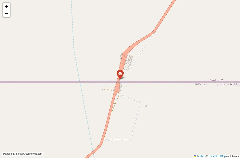 Close-up map showing a border crossing point with marker at the selected land port of entry between Egypt and Sudan