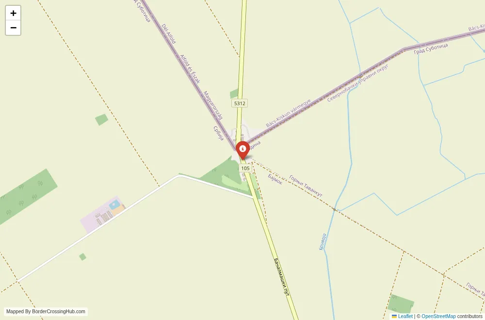 Close-up map showing a border crossing point with marker at the selected land port of entry between Hungary and Serbia