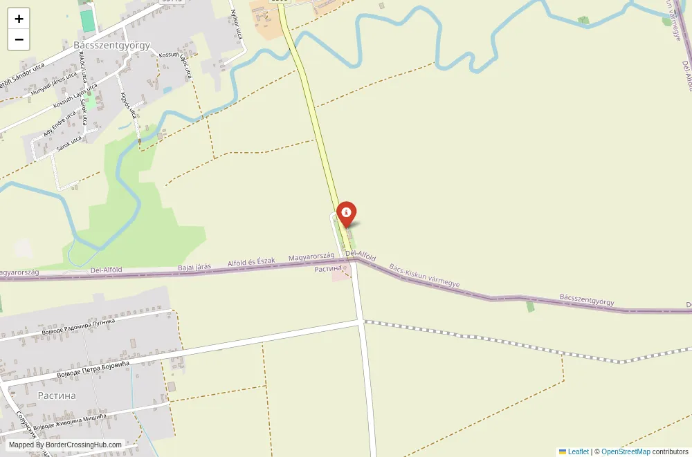 Close-up map showing a border crossing point with marker at the selected land port of entry between Hungary and Serbia