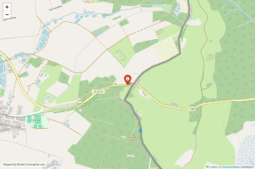Close-up map showing a border crossing point with marker at the selected land port of entry between Germany and Czech Republic