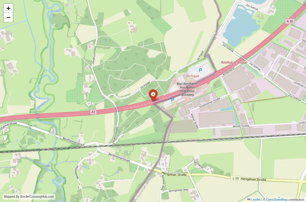 Close-up map showing a border crossing point with marker at the selected land port of entry between Germany and Netherlands