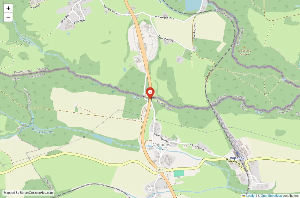 Close-up map showing a border crossing point with marker at the selected land port of entry between Germany and Czech Republic