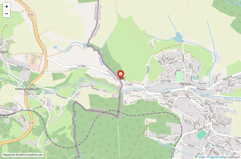 Close-up map showing a border crossing point with marker at the selected land port of entry between Germany and Czech Republic