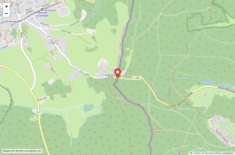 Close-up map showing a border crossing point with marker at the selected land port of entry between Germany and Czech Republic