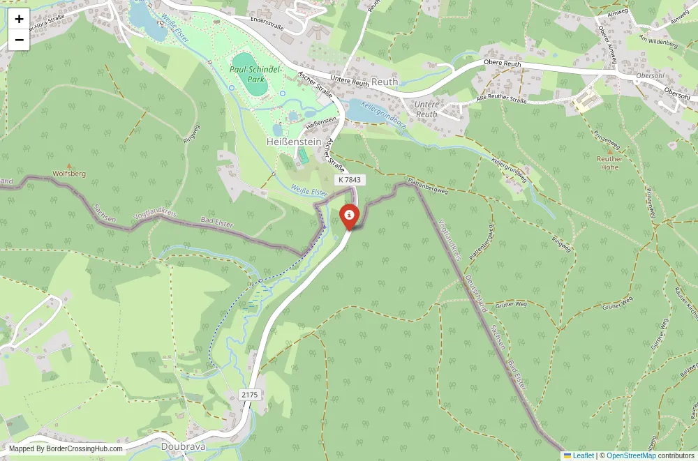 Close-up map showing a border crossing point with marker at the selected land port of entry between Germany and Czech Republic