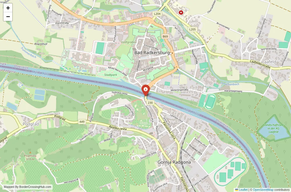 Close-up map showing a border crossing point with marker at the selected land port of entry between Austria and Slovenia