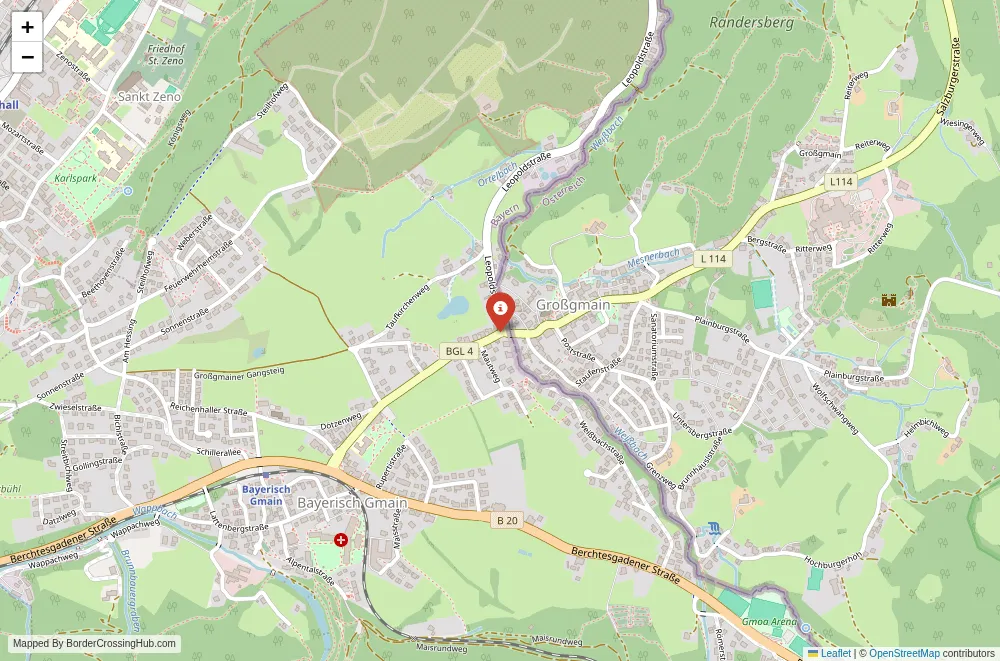 Close-up map showing a border crossing point with marker at the selected land port of entry between Germany and Austria