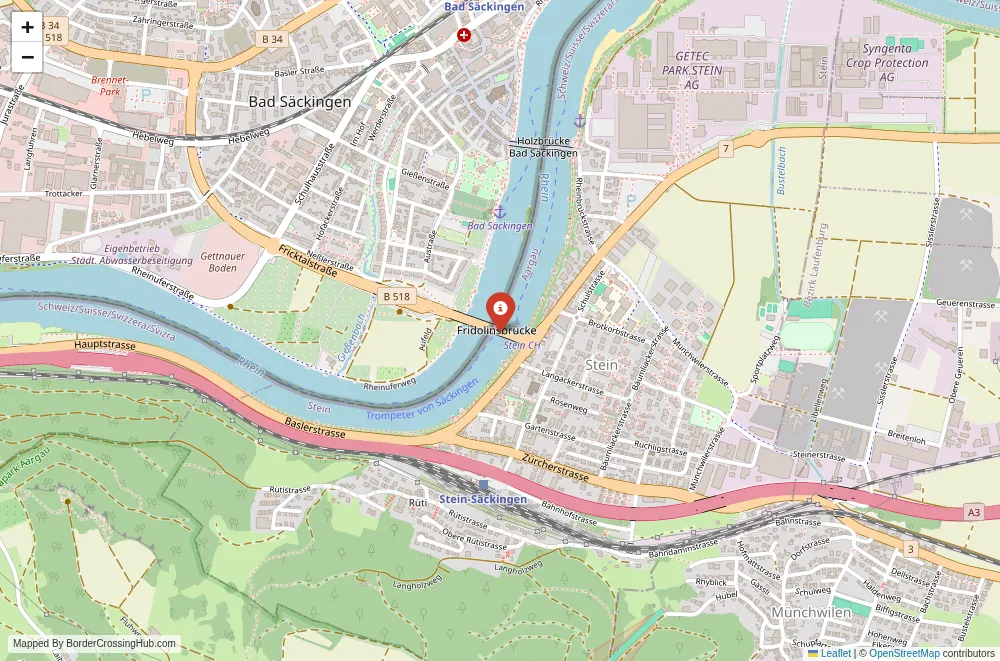 Close-up map showing a border crossing point with marker at the selected land port of entry between Germany and Switzerland