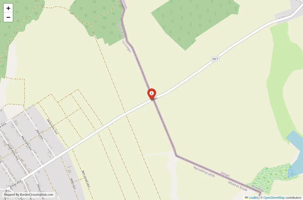 Close-up map showing a border crossing point with marker at the selected land port of entry between Hungary and Romania