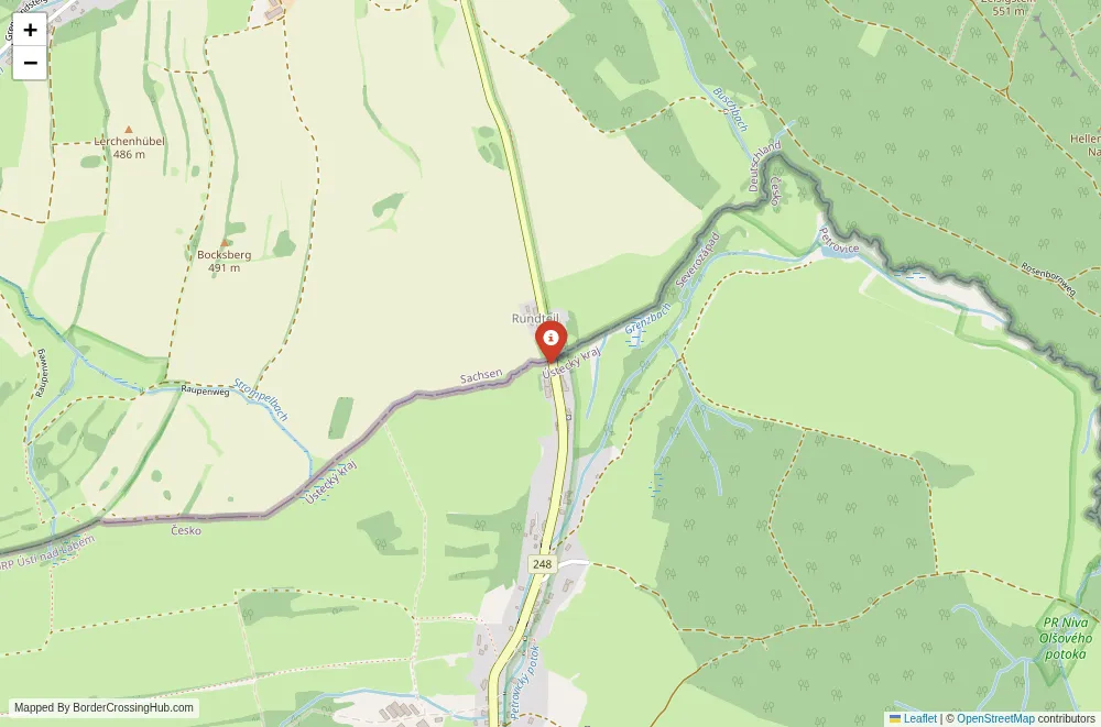 Close-up map showing a border crossing point with marker at the selected land port of entry between Germany and Czech Republic