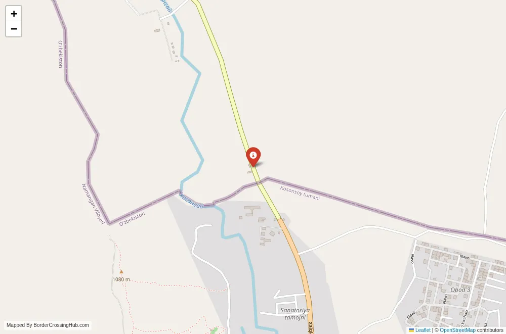 Close-up map showing a border crossing point with marker at the selected land port of entry between Kyrgyzstan and Uzbekistan