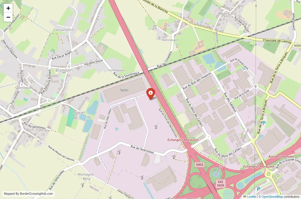 Close-up map showing a border crossing point with marker at the selected land port of entry between France and Belgium