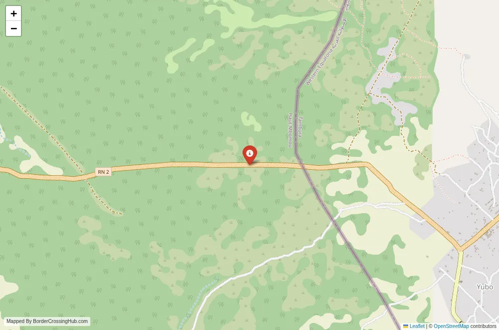 Close-up map showing a border crossing point with marker at the selected land port of entry between Central African Republic and South Sudan