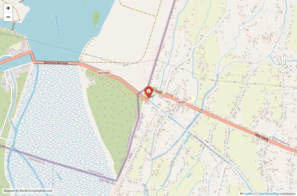 Close-up map showing a border crossing point with marker at the selected land port of entry between India and Nepal