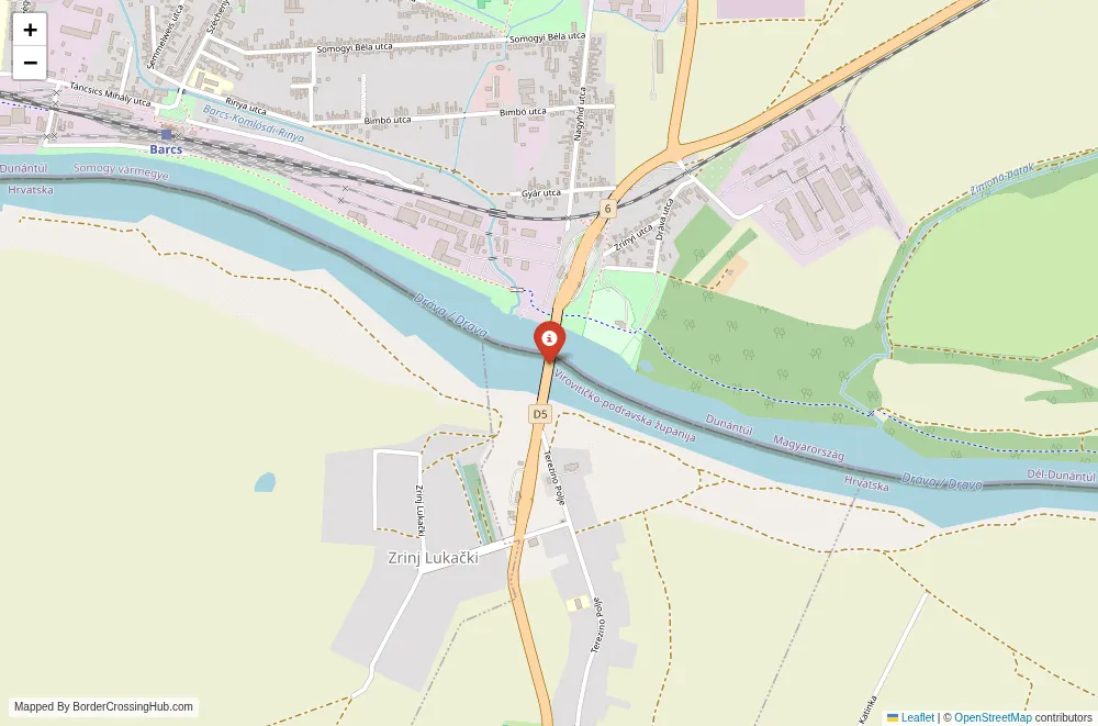 Close-up map showing a border crossing point with marker at the selected land port of entry between Hungary and Croatia