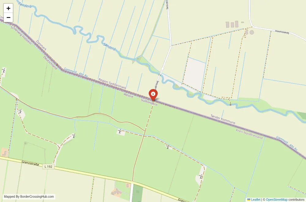 Close-up map showing a border crossing point with marker at the selected land port of entry between Denmark and Germany