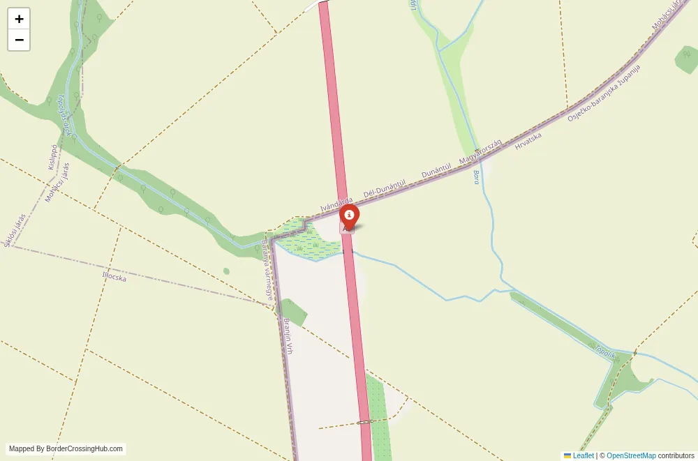 Close-up map showing a border crossing point with marker at the selected land port of entry between Croatia and Hungary