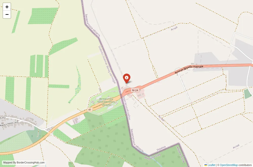 Close-up map showing a border crossing point with marker at the selected land port of entry between Hungary and Ukraine