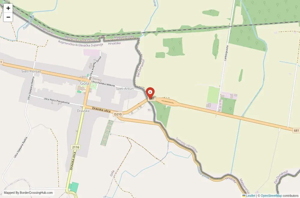 Close-up map showing a border crossing point with marker at the selected land port of entry between Hungary and Croatia