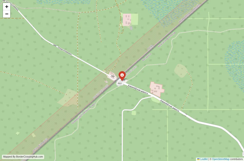 Close-up map showing a border crossing point with marker at the selected land port of entry between Belarus and Poland
