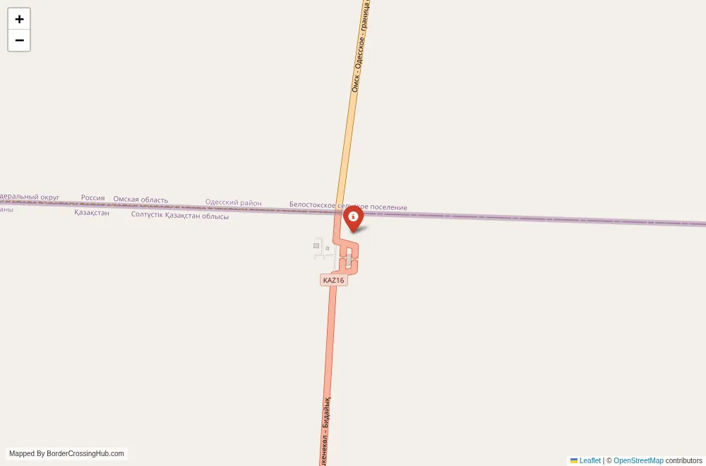 Close-up map showing a border crossing point with marker at the selected land port of entry between Kazakhstan and Russia