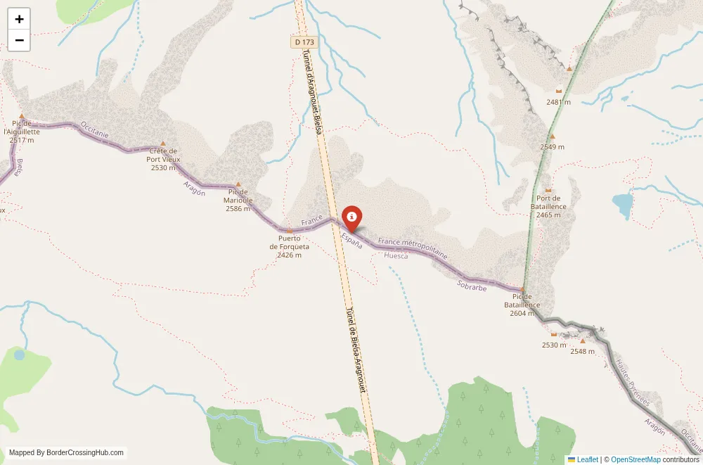 Close-up map showing a border crossing point with marker at the selected land port of entry between Spain and France