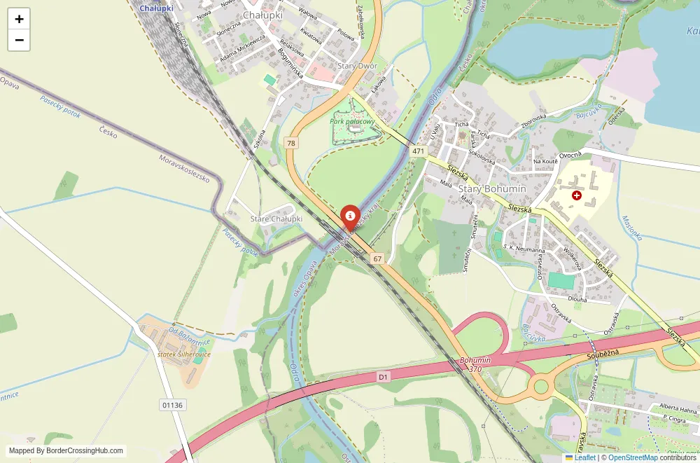 Close-up map showing a border crossing point with marker at the selected land port of entry between Czech Republic and Poland