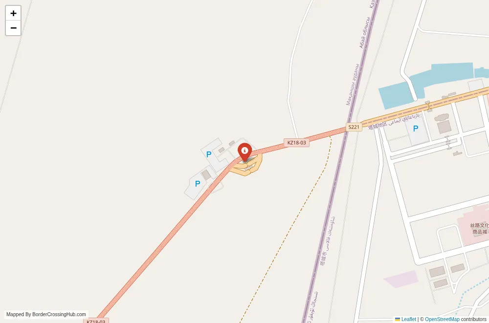 Close-up map showing a border crossing point with marker at the selected land port of entry between Kazakhstan and Turkmenistan