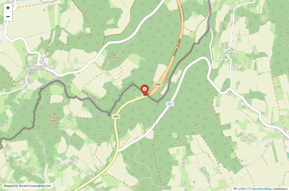 Close-up map showing a border crossing point with marker at the selected land port of entry between Austria and Slovenia