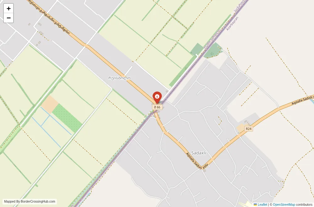 Close-up map showing a border crossing point with marker at the selected land port of entry between Azerbaijan and Georgia