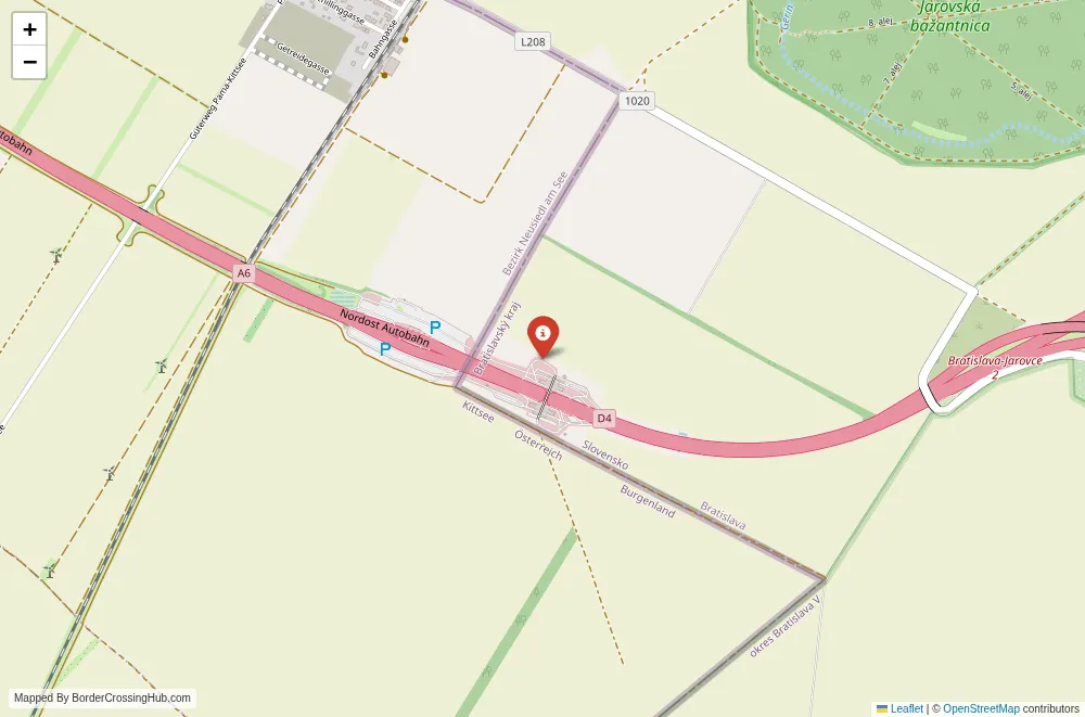 Close-up map showing a border crossing point with marker at the selected land port of entry between Slovakia and Austria