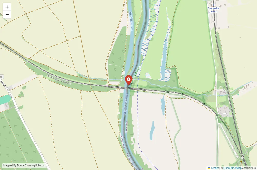 Close-up map showing a border crossing point with marker at the selected land port of entry between Slovakia and Austria