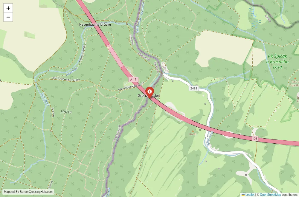 Close-up map showing a border crossing point with marker at the selected land port of entry between Germany and Czech Republic
