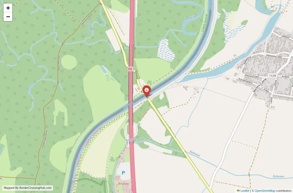 Close-up map showing a border crossing point with marker at the selected land port of entry between Slovakia and Czech Republic