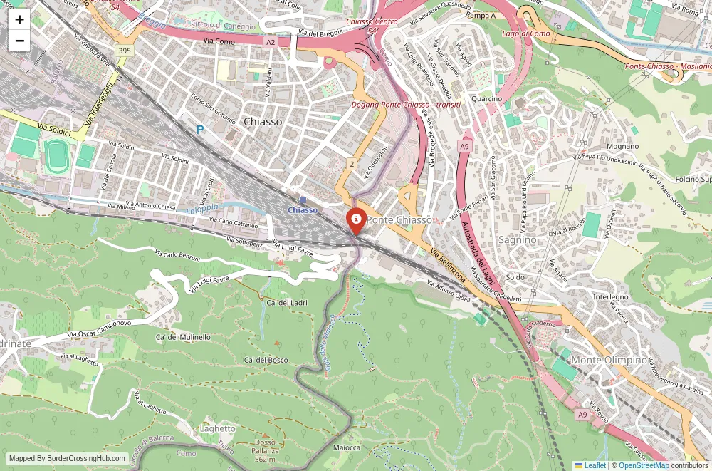 Close-up map showing a border crossing point with marker at the selected land port of entry between Italy and Switzerland