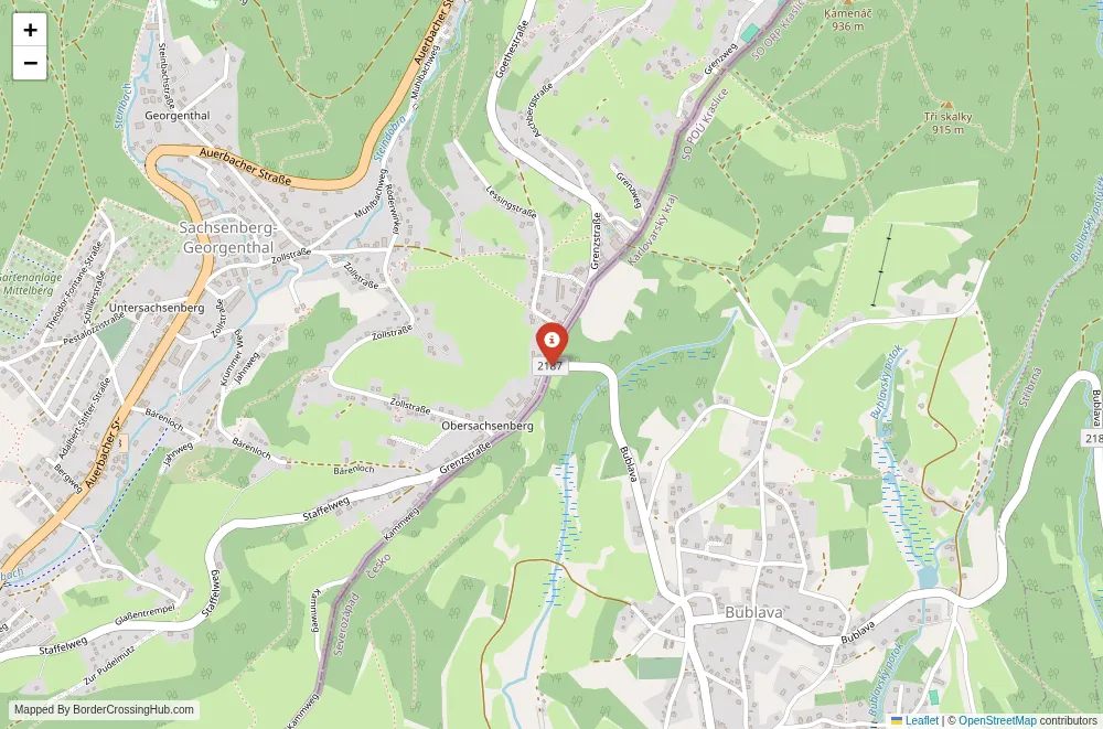 Close-up map showing a border crossing point with marker at the selected land port of entry between Czech Republic and Germany