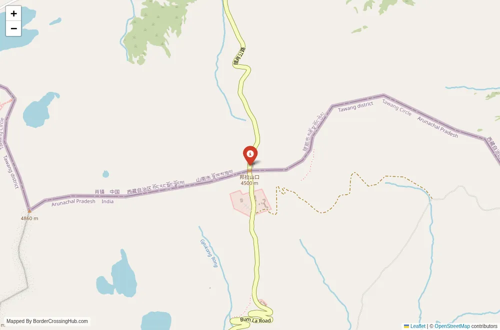 Close-up map showing a border crossing point with marker at the selected land port of entry between India and China