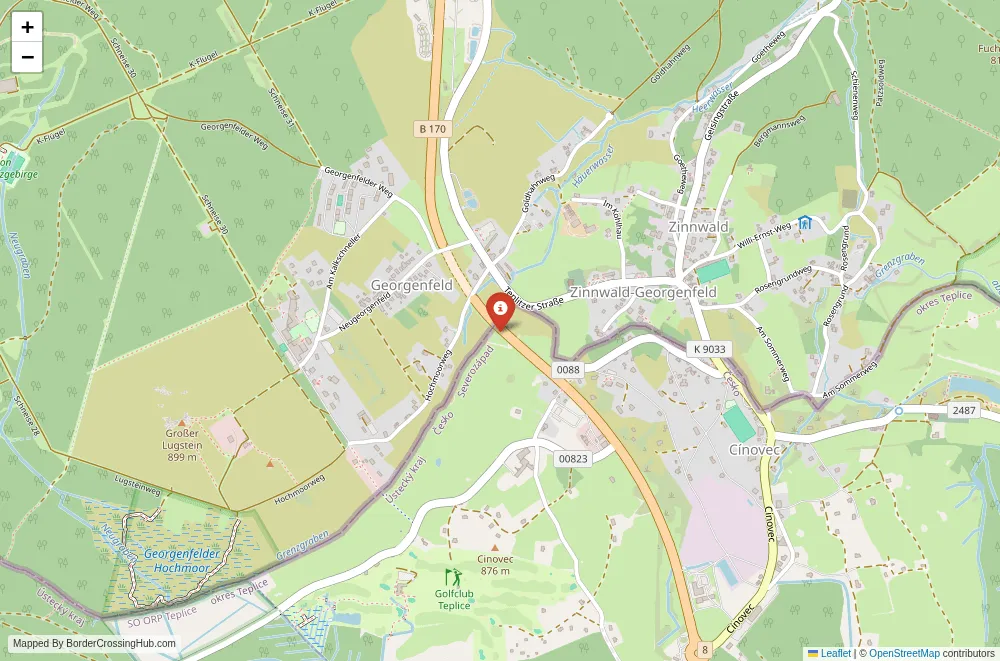 Close-up map showing a border crossing point with marker at the selected land port of entry between Czech Republic and Germany