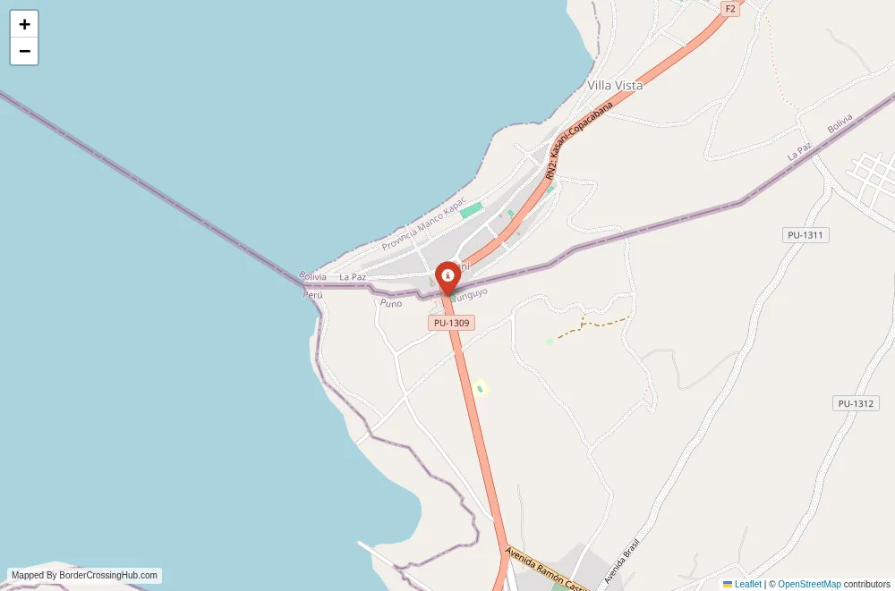 Close-up map showing a border crossing point with marker at the selected land port of entry between Peru and Bolivia