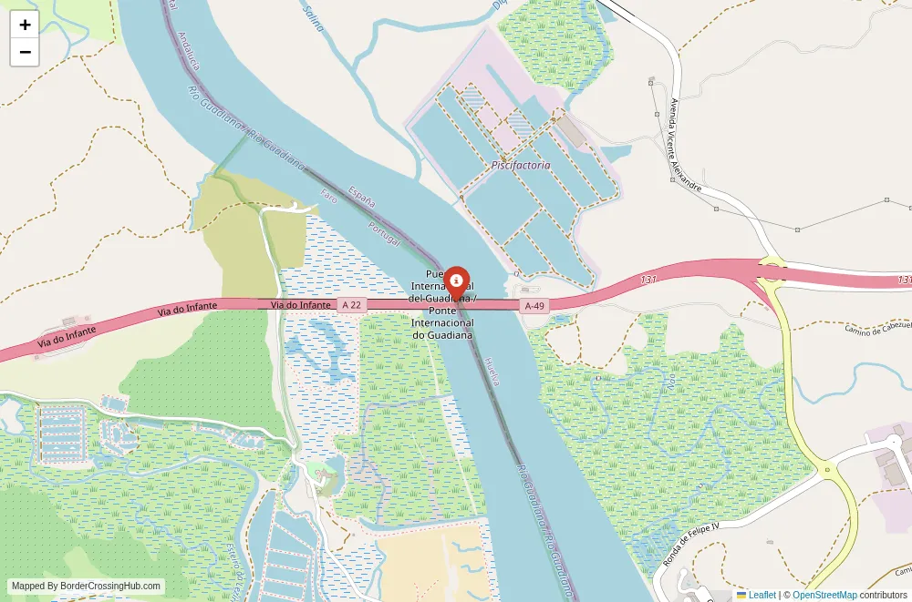 Close-up map showing a border crossing point with marker at the selected land port of entry between Portugal and Spain