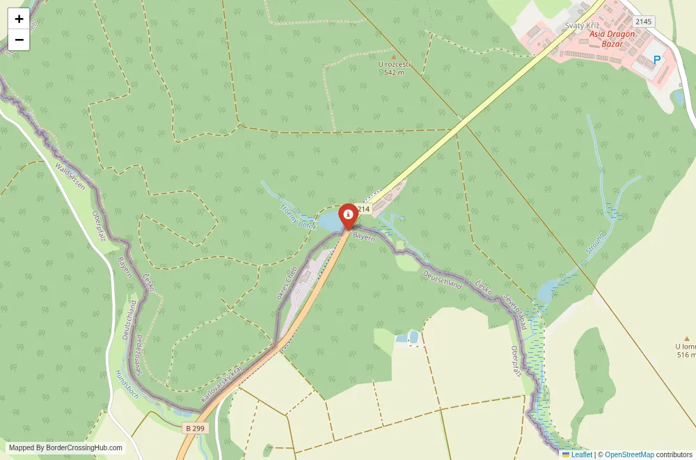 Close-up map showing a border crossing point with marker at the selected land port of entry between Czech Republic and Germany
