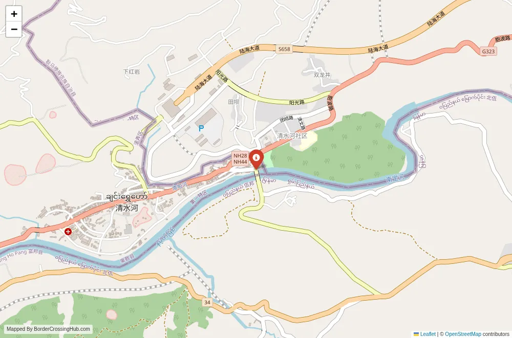 Close-up map showing a border crossing point with marker at the selected land port of entry between Myanmar and China