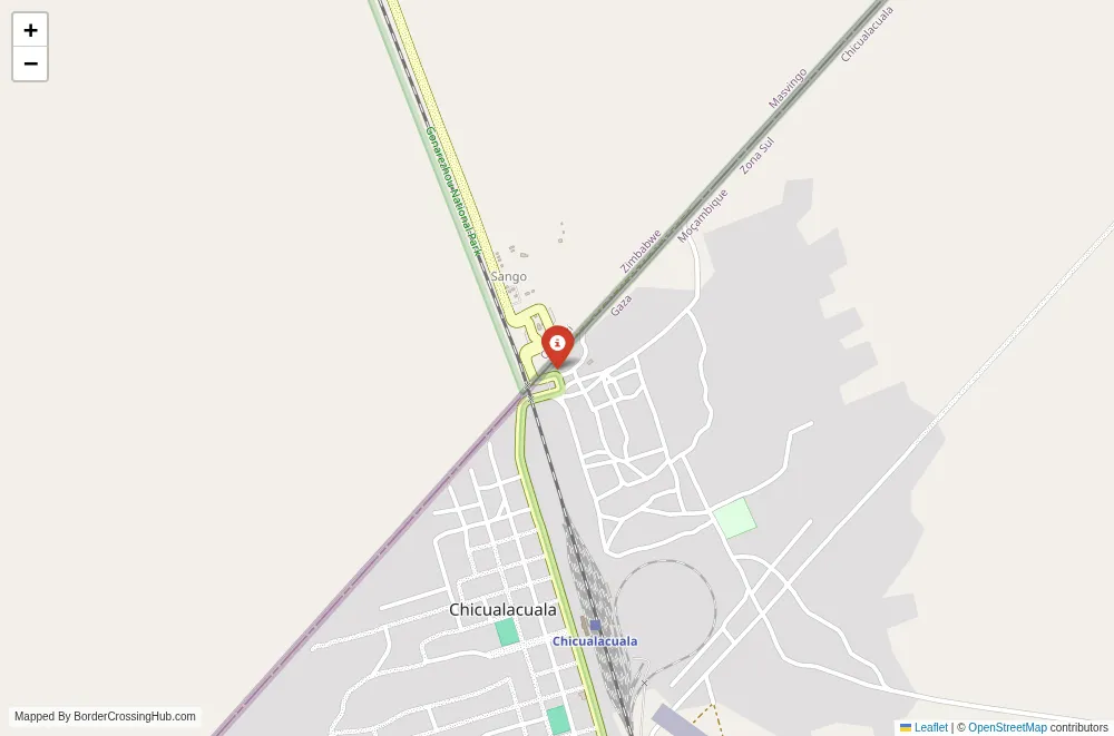 Close-up map showing a border crossing point with marker at the selected land port of entry between Mozambique and Zimbabwe