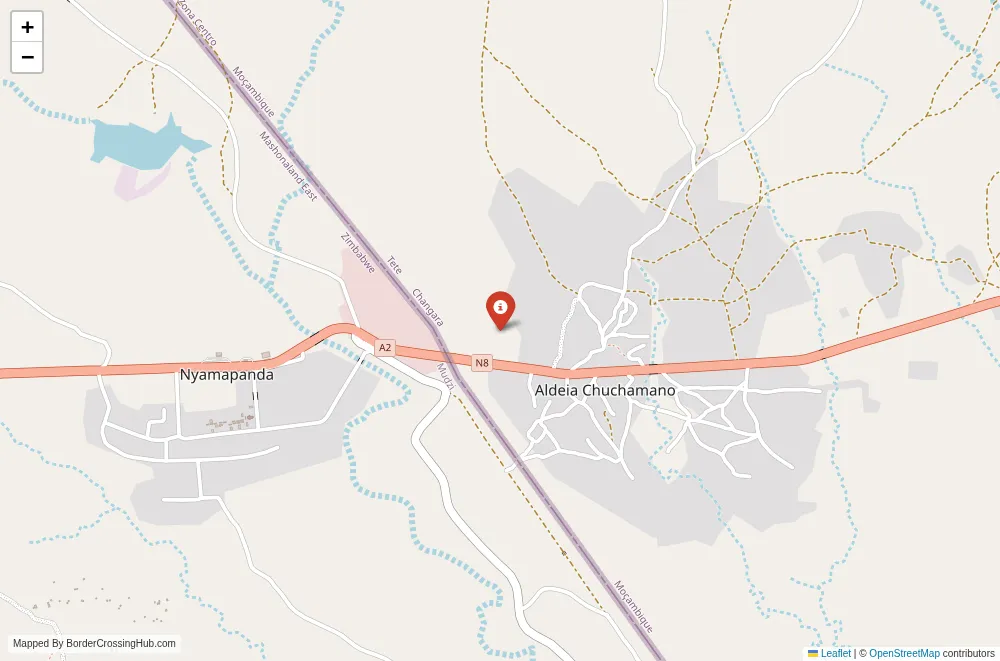 Close-up map showing a border crossing point with marker at the selected land port of entry between Zimbabwe and Mozambique